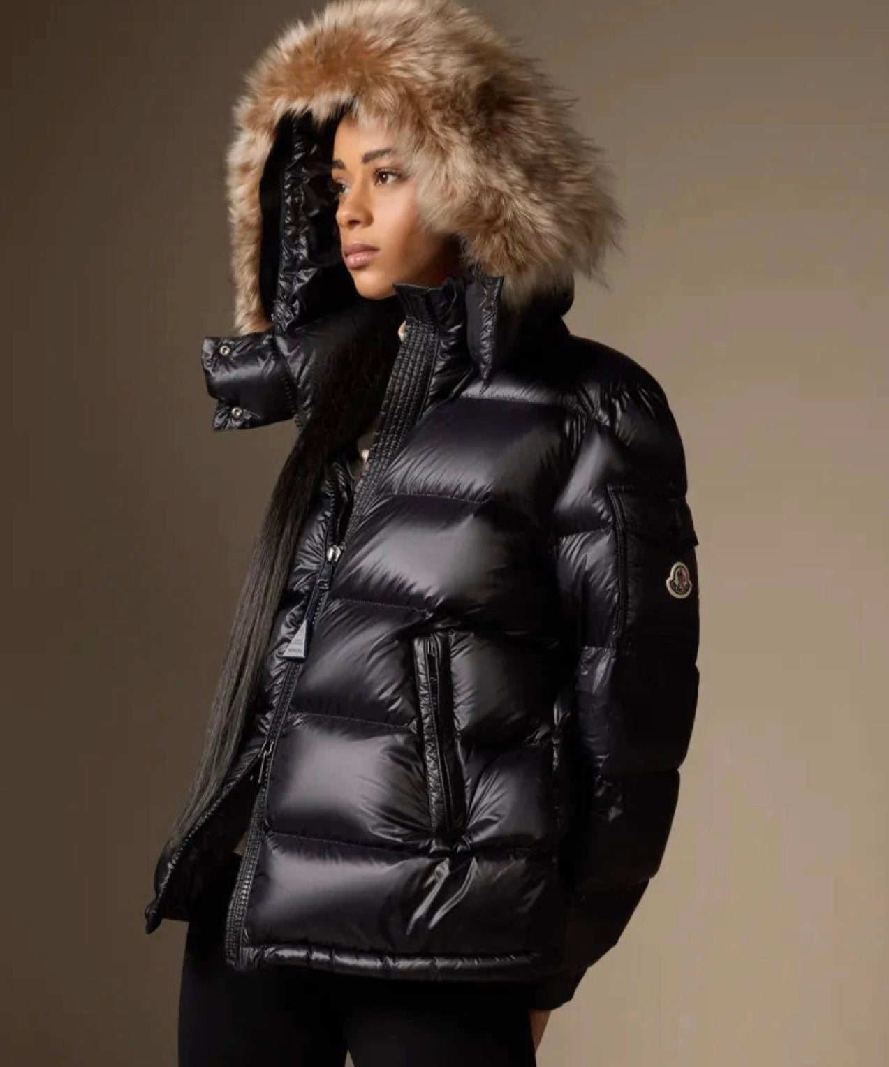 GIUBBOTTO MONCLER DONNA NERO PELLICCIA BEIGE