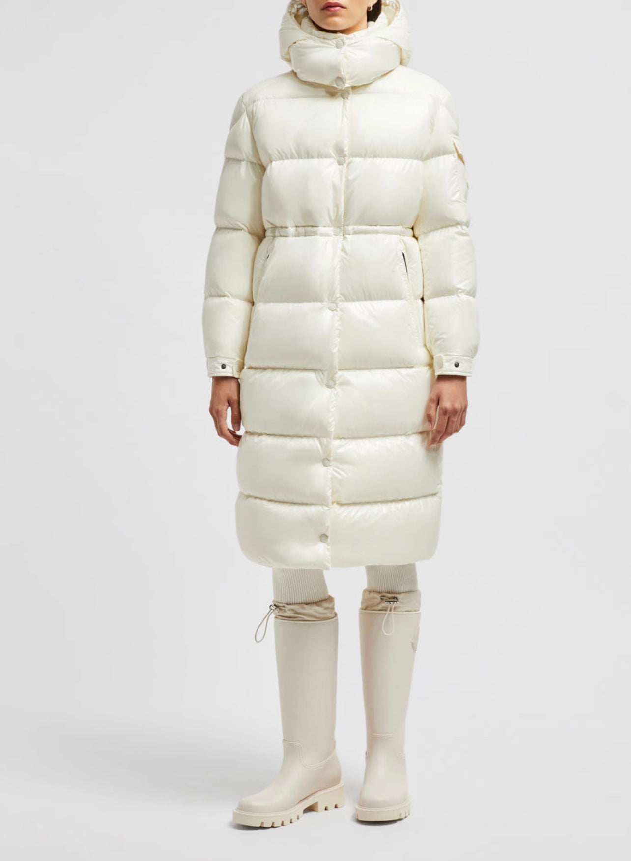 GIUBBOTTO MONCLER DONNA BIANCO LUNGO CON CAPPUCCIO