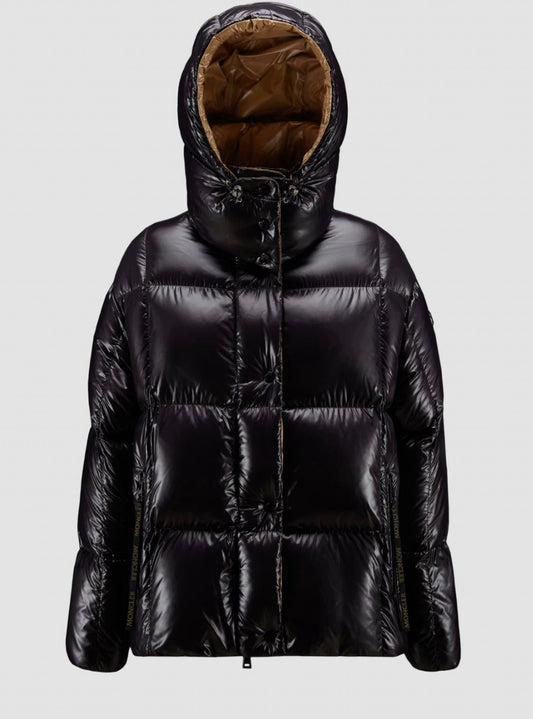 GIUBBOTTO MONCLER DONNA NERO  CORTO CAPPUCCIO INTERNO BEIGE