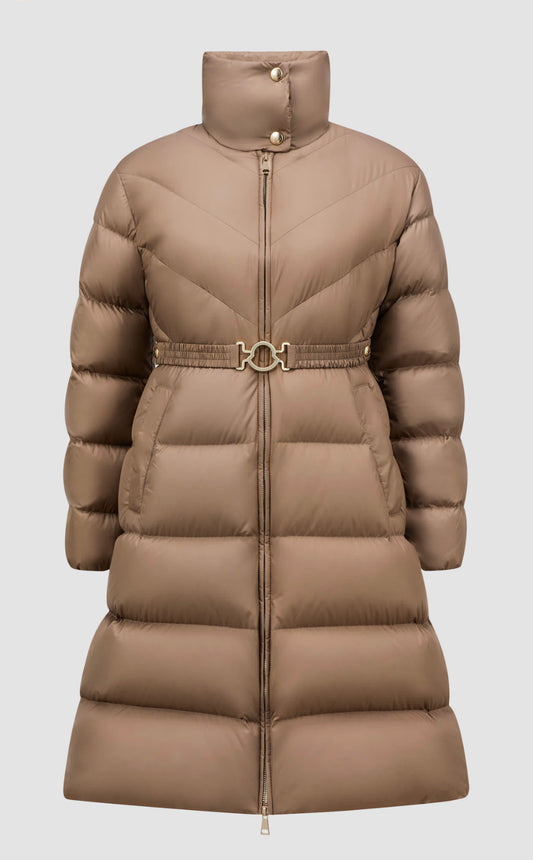 GIUBBOTTO MONCLER DONNA  LUNGO CON CINTA BEIGE CAMMELLO