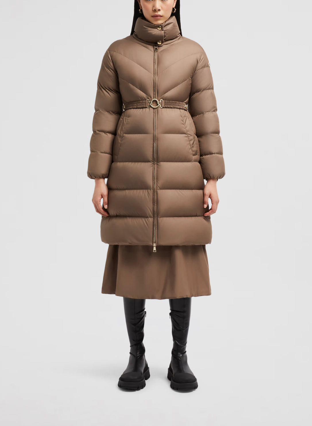 GIUBBOTTO MONCLER DONNA  LUNGO CON CINTA BEIGE CAMMELLO