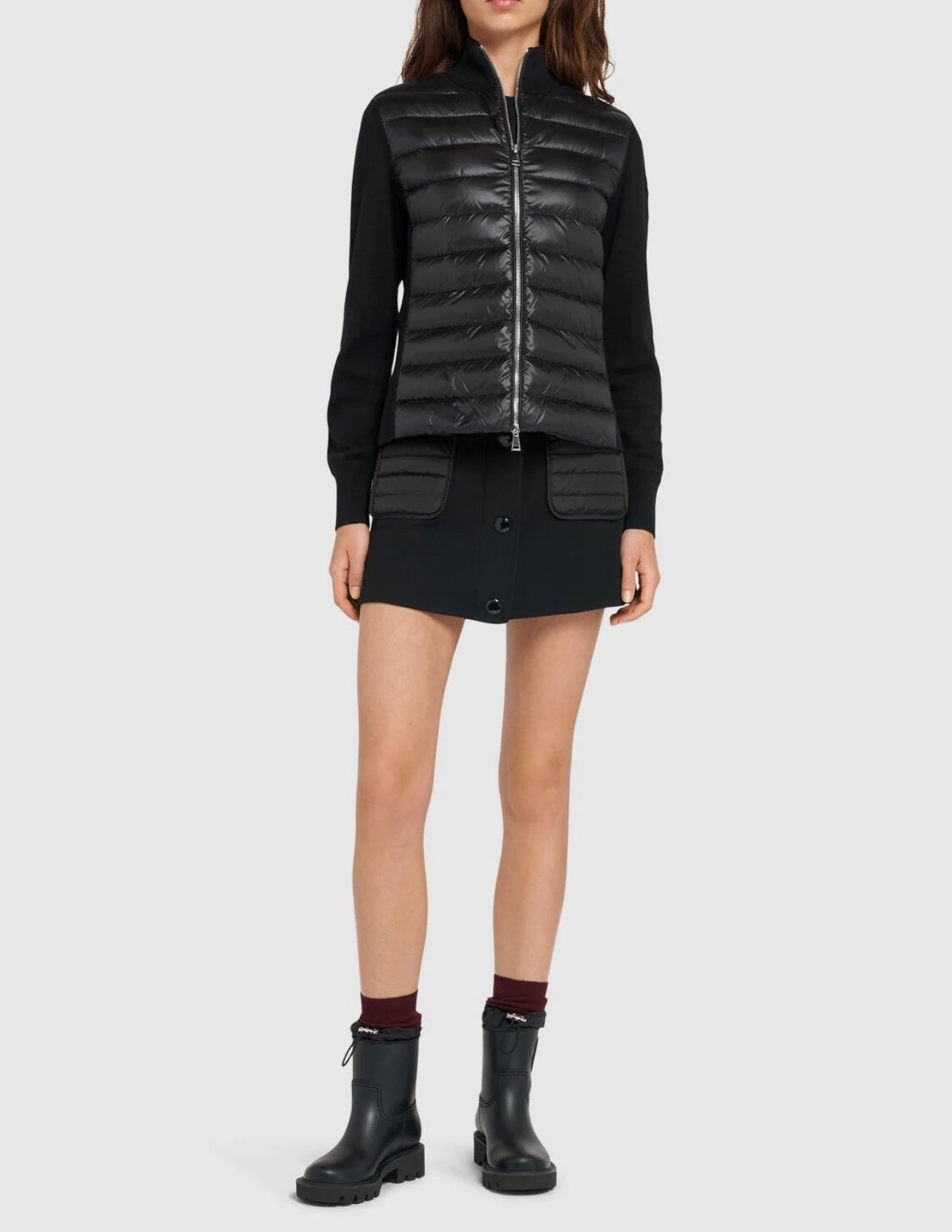 MONCLER DONNA CARDIGAN NERO IMBOTTITO MISTO LANA