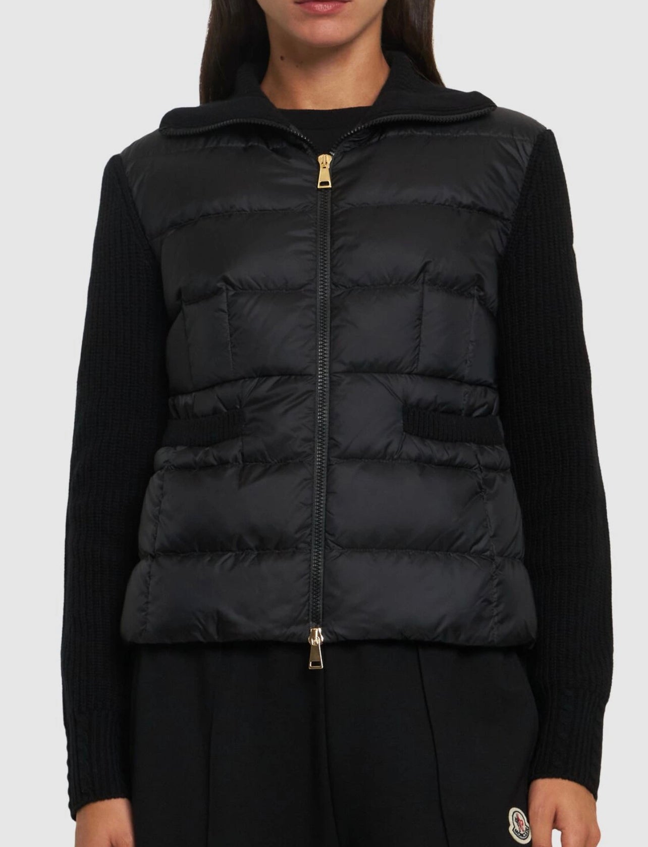 MONCLER DONNA CARDIGAN NERO IMBOTTITO MISTO LANA VERGINE  CON ZIP