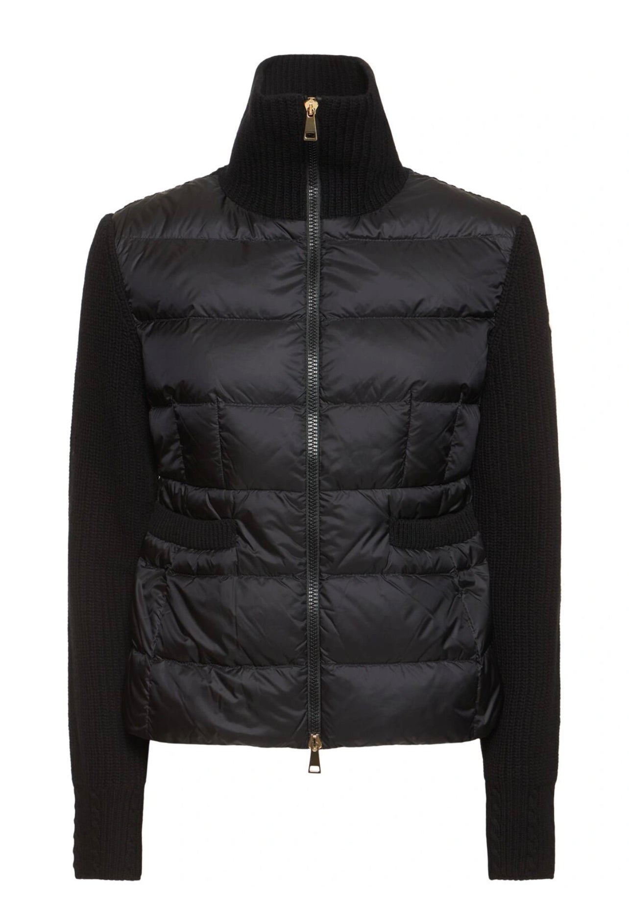 MONCLER DONNA CARDIGAN NERO IMBOTTITO MISTO LANA VERGINE  CON ZIP