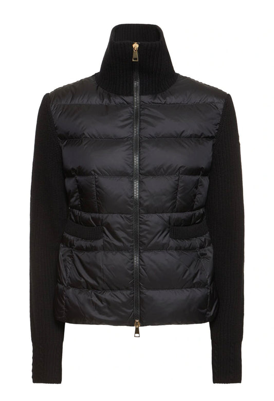 MONCLER DONNA CARDIGAN NERO IMBOTTITO MISTO LANA VERGINE  CON ZIP