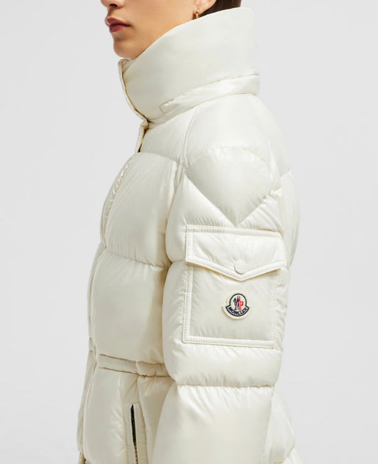 GIUBBOTTO MONCLER DONNA BIANCO LUNGO CON CAPPUCCIO