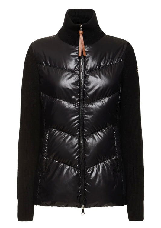 MONCLER DONNA CARDIGAN NERO IMBOTTITO MISTO LANA CON ZIP